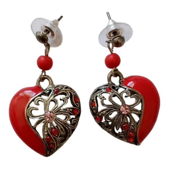 Red Enameled Heart Dangle Earrings‎ Romantic Bohemian Pierced Valentines PATINA. - Picture 3 of 14